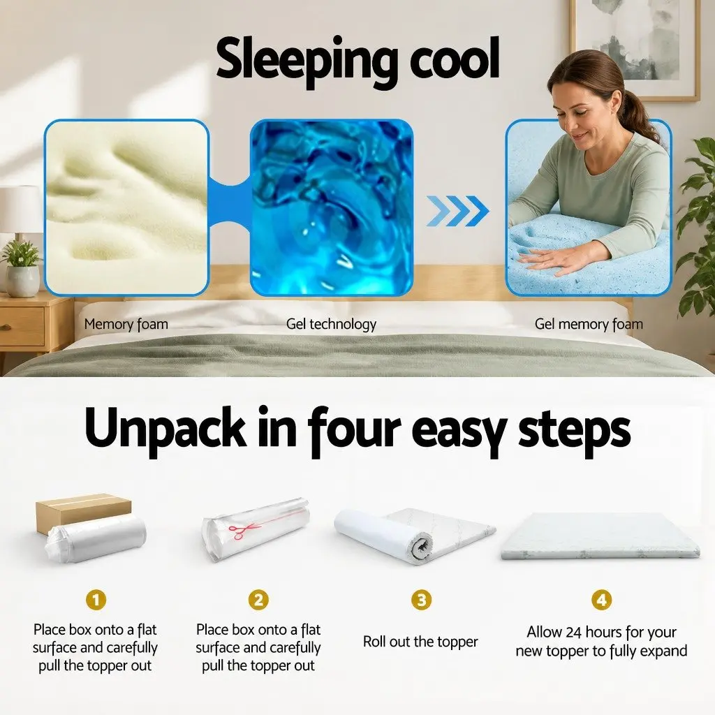 Memory Foam Mattress Topper 10cm Cool Gel Double Bed Bamboo Cover Blue