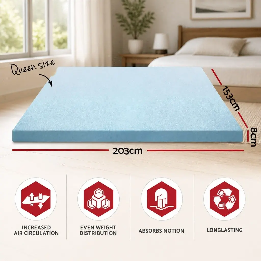 Memory Foam Mattress Topper Gel-Infused Cool Sleep Queen 8cm White or Blue