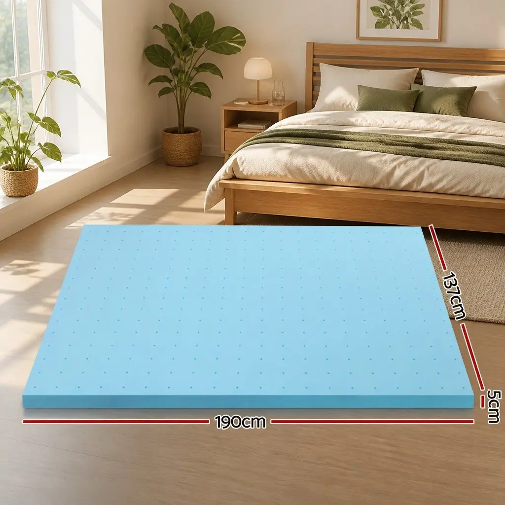 Memory Foam Mattress Topper 5cm Ventilated Gel Blue Bamboo Cover