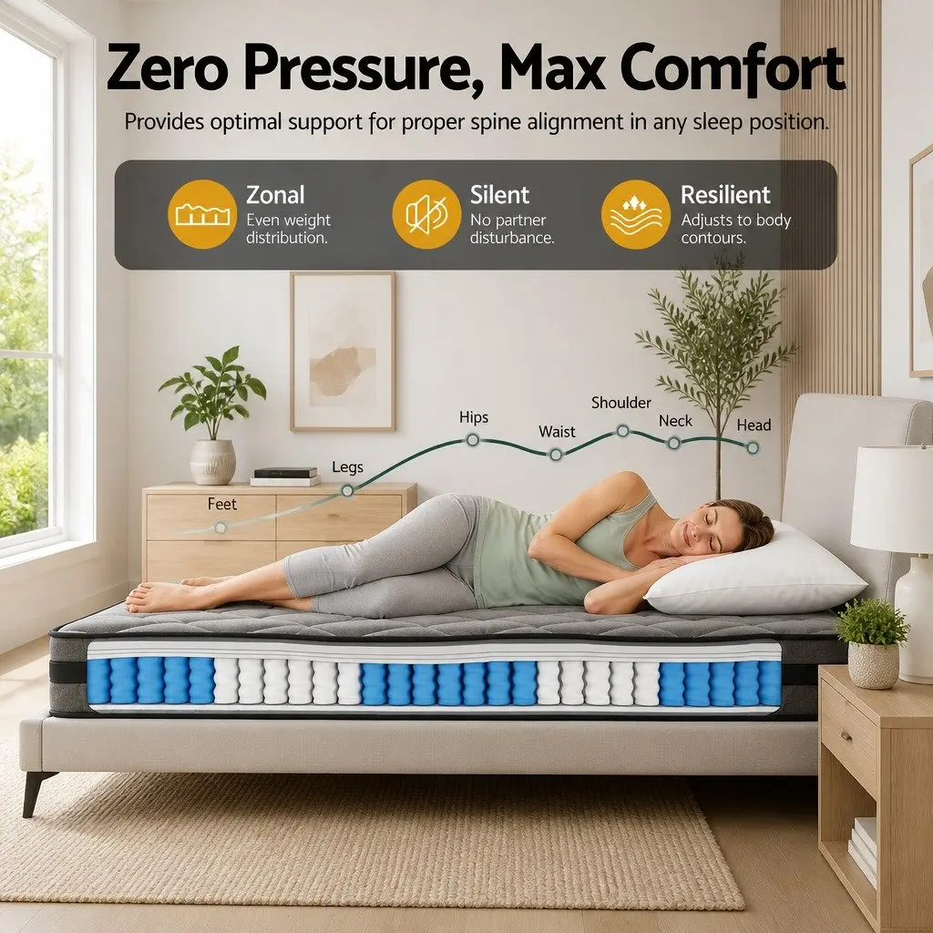 King Single Pocket Spring Mattress 22cm Medium Firm Breathable Hypoallergenic Grey Black