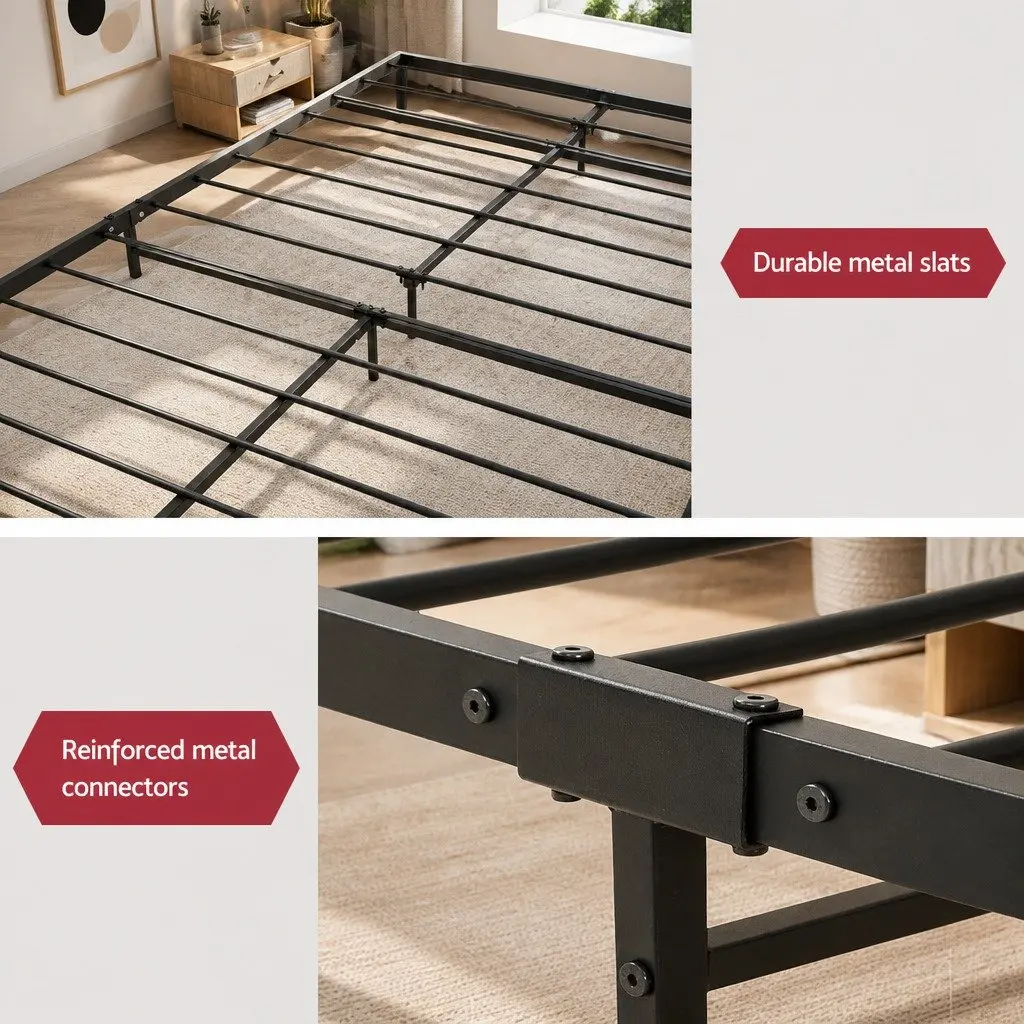 King Size Metal Bed Frame Industrial Design Steel MDF Slat Support Black