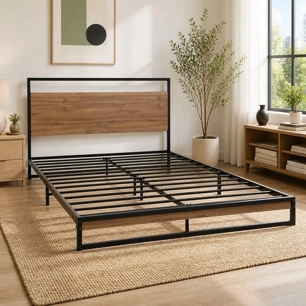 King Size Metal Bed Frame Industrial Design Steel MDF Slat Support Black