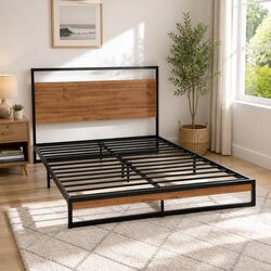 Single Metal Bed Frame Industrial Design Steel MDF Black Bedroom Furniture
