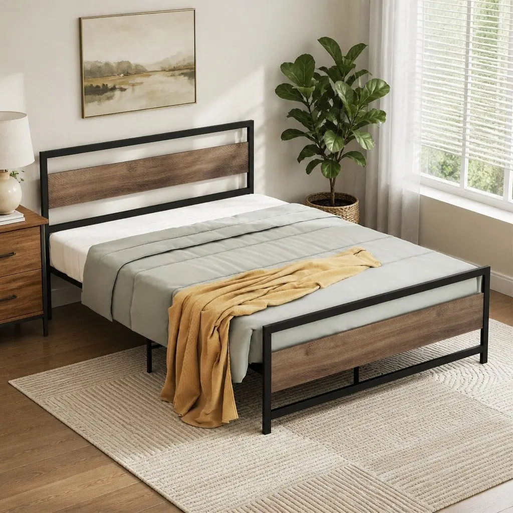 Queen Size Bed Frame Metal Base Platform Industrial Style Black