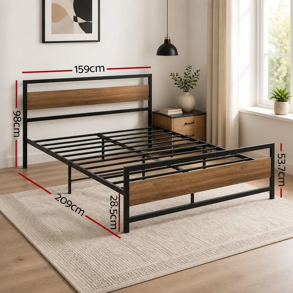 Queen Size Bed Frame Metal Base Platform Industrial Style Black