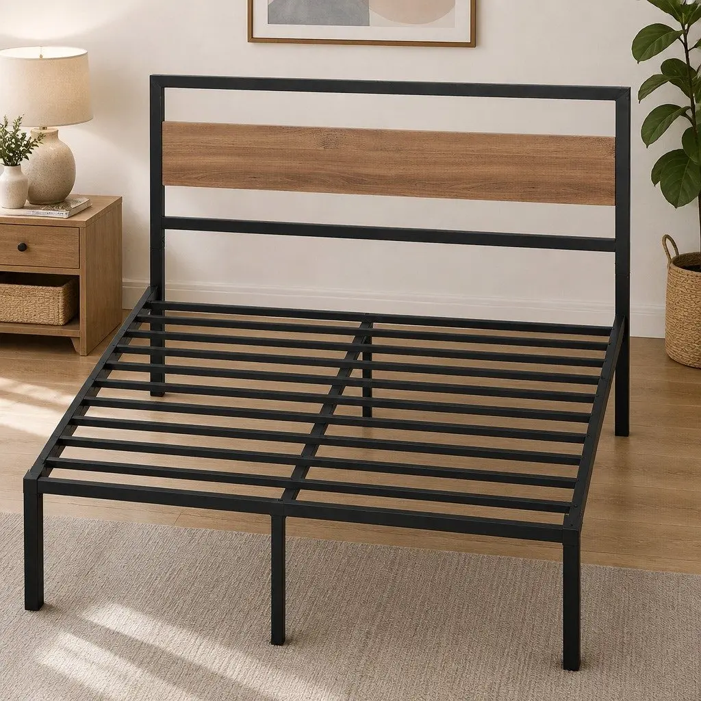 Queen Size Bed Frame Metal Base Platform Industrial Style Black