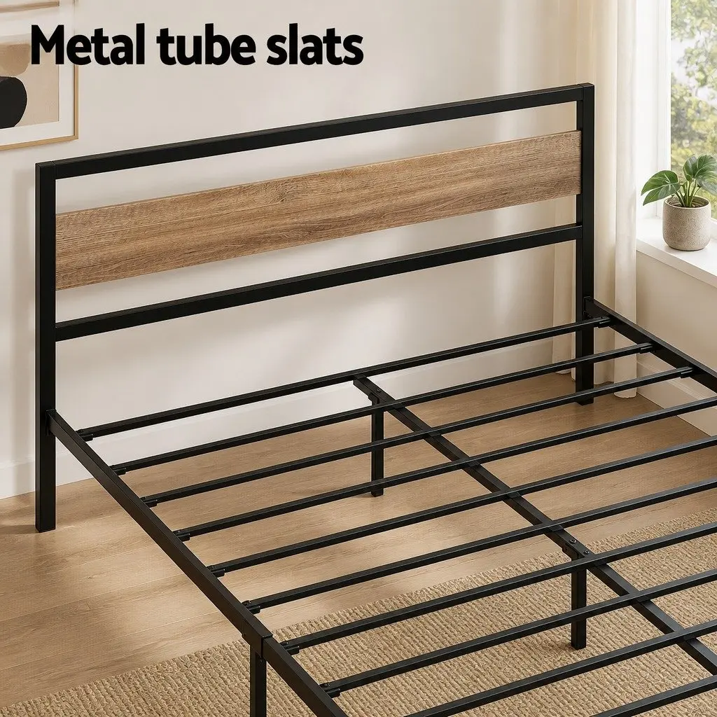 Queen Size Bed Frame Metal Base Platform Industrial Style Black