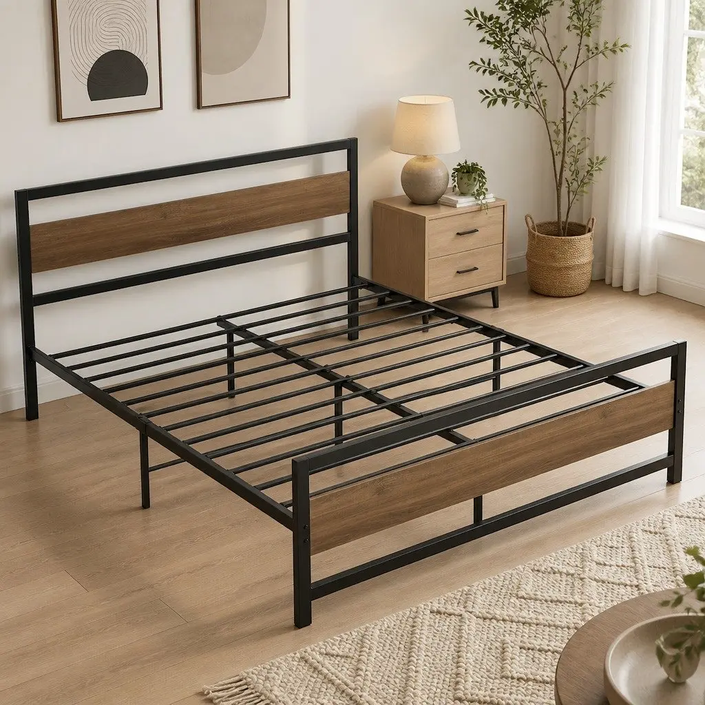 Queen Size Bed Frame Metal Base Platform Industrial Style Black