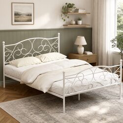 Double Size Metal Bed Frame White Powder-Coated Steel Bedroom Furniture Storage