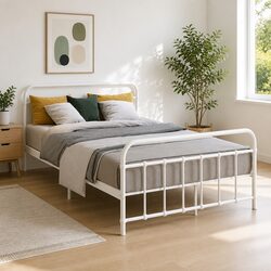 Double Metal Bed Frame Country Style Bedroom Furniture White Steel Slat Base