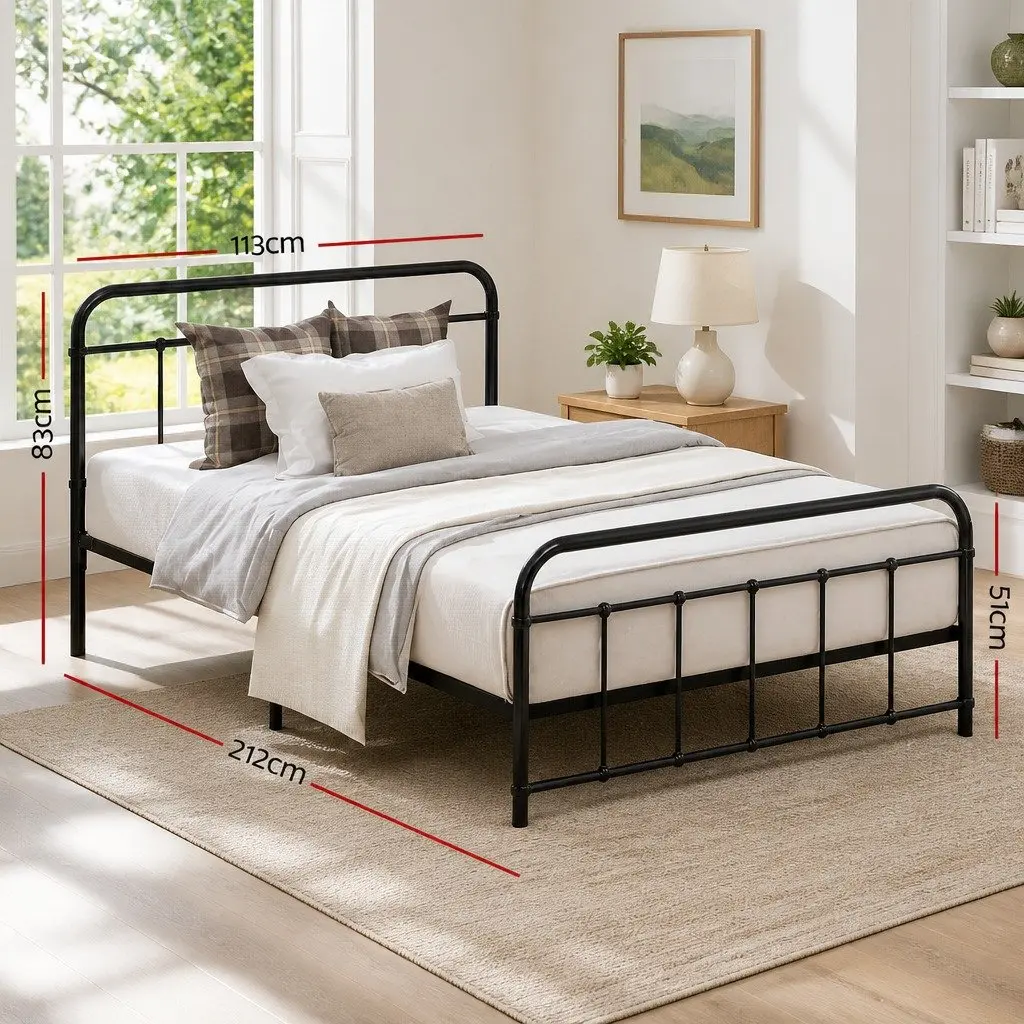 Metal Bed Frame King Single Country-Style Black Powder-Coated Steel Slat Base Storage