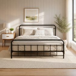 Queen Metal Bed Frame Powder-Coated Steel Country Style Storage Underneath Black