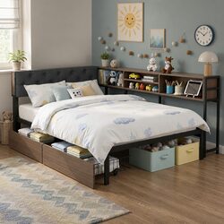 King Single Bed Frame Metal Construction Storage Drawers Charging Station