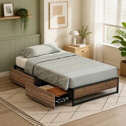 Single Bed Frame with 2 Storage Drawers Metal Base Industrial Design Furniture