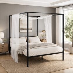 Queen Bed Frame Metal Four-Poster Canopy Black Steel Contemporary Bedroom