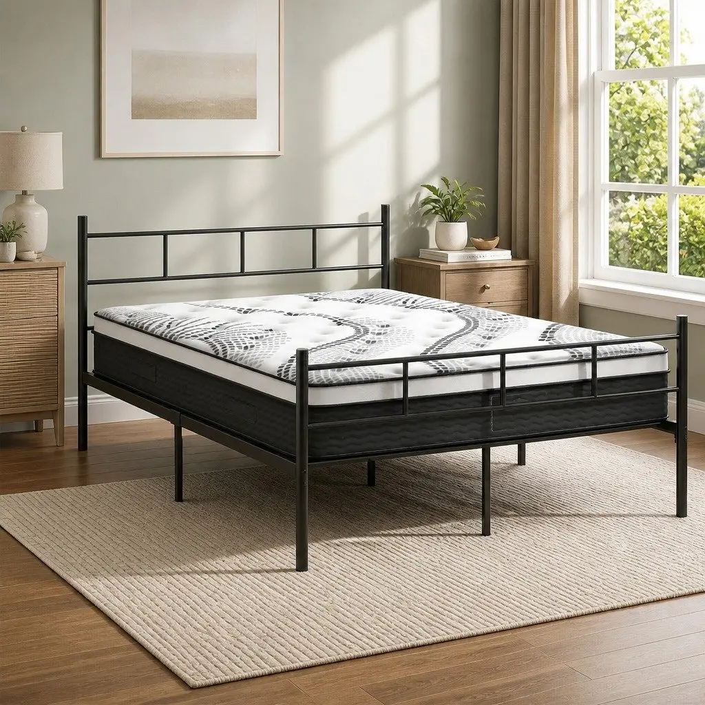 Double Metal Bed Frame with Euro Top Mattress Storage Underneath Black White
