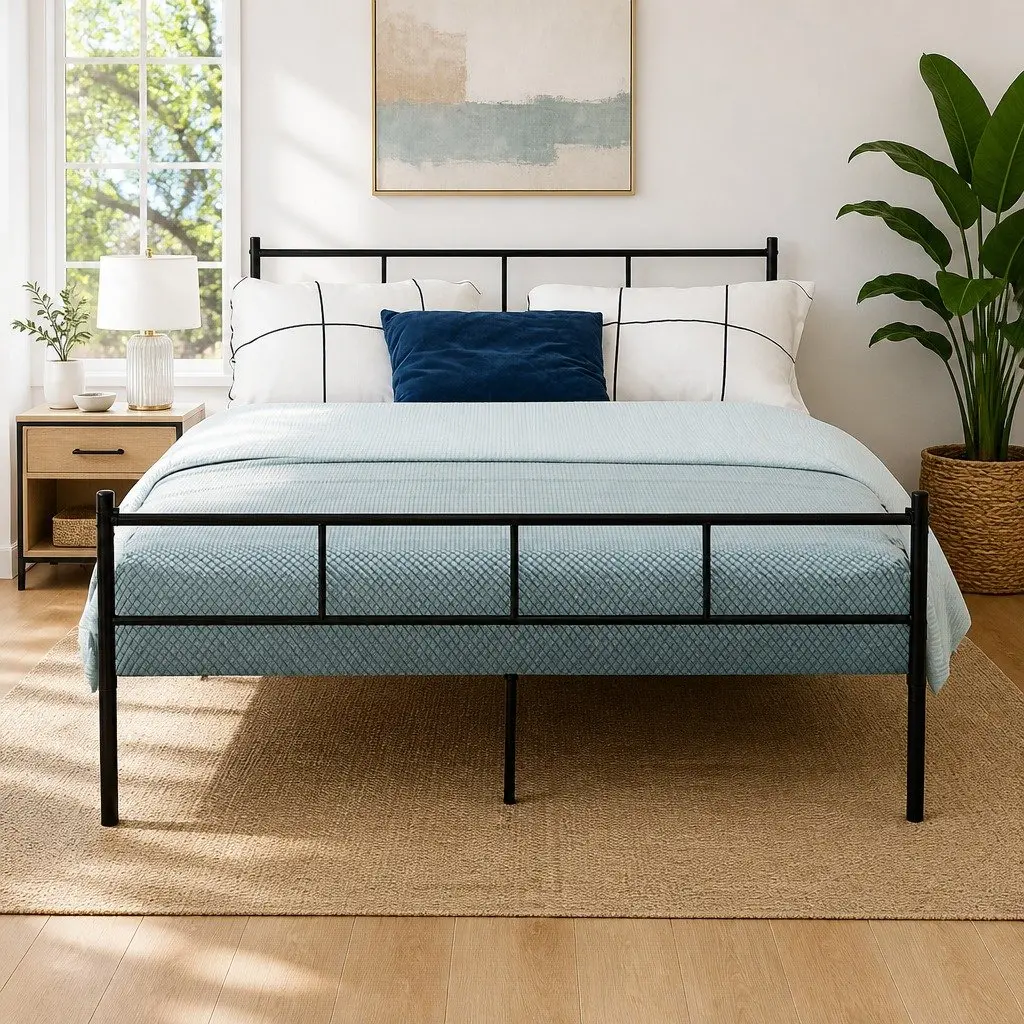 Double Bed Frame Metal Storage Black Steel Standard Size