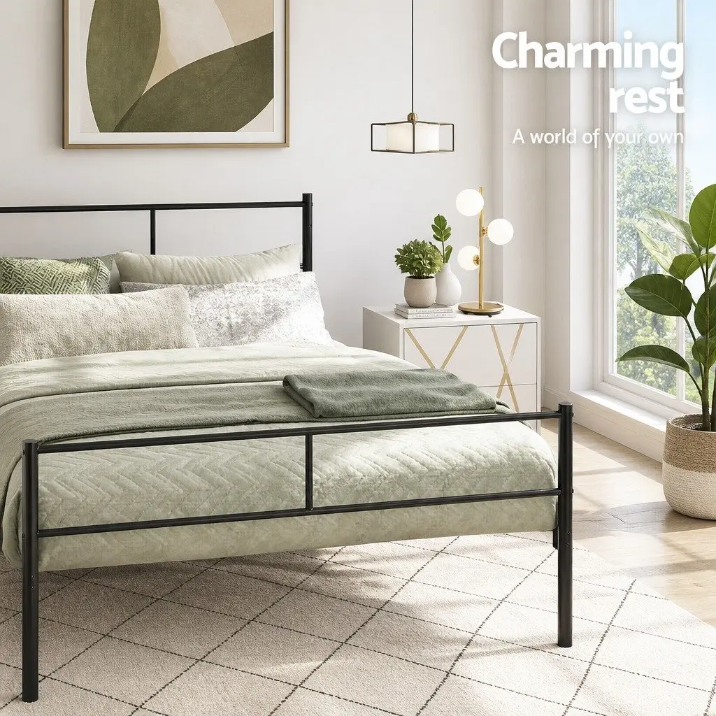 Double Bed Frame Metal Storage Black Steel Standard Size