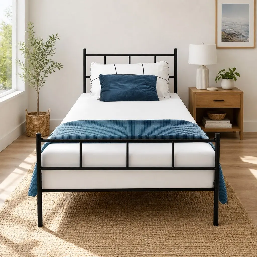 Single Bed Frame Black Steel Construction Sturdy Support Underbed Storage