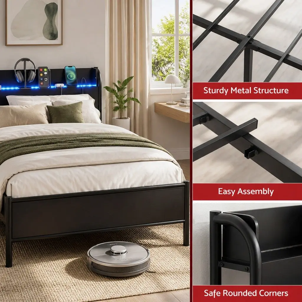 Double Size Bed Frame Metal Construction Storage Headboard Charging Station LED Lights Black
