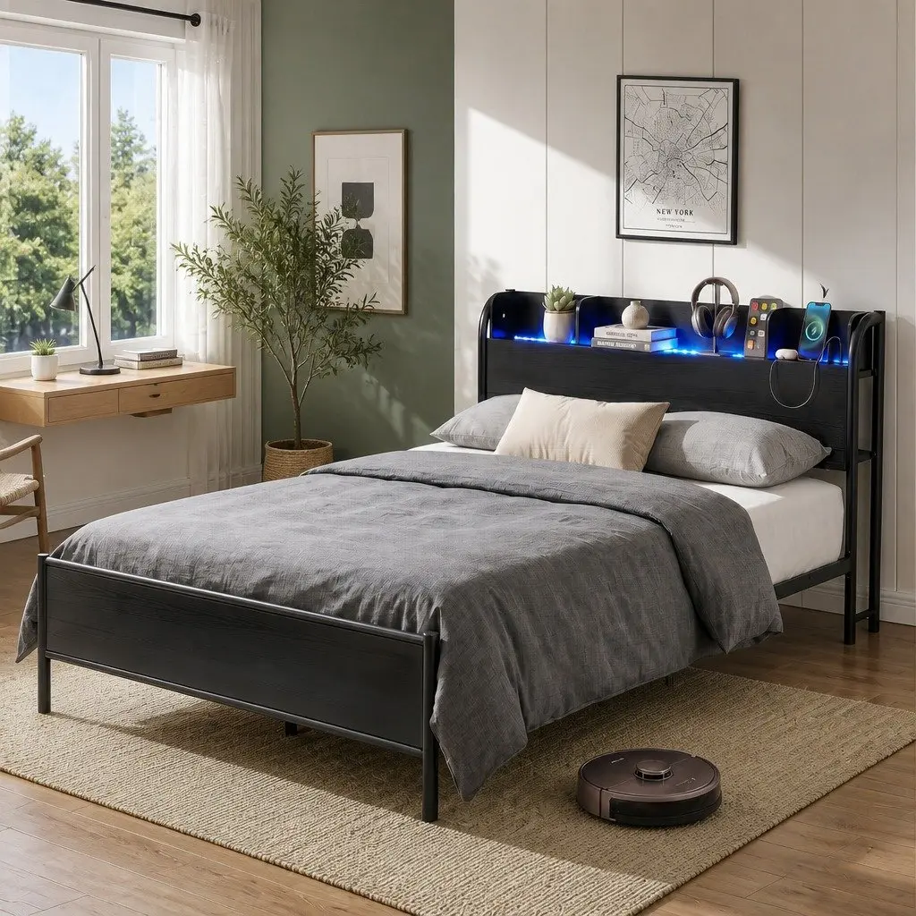 Double Size Bed Frame Metal Construction Storage Headboard Charging Station LED Lights Black