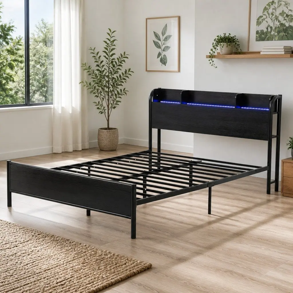 Queen Size Metal Bed Frame with Storage Headboard Charging Station LED Lights