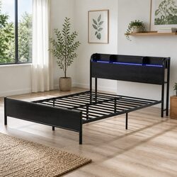 Queen Size Metal Bed Frame with Storage Headboard Charging Station LED Lights