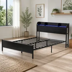 Queen Size Metal Bed Frame with Storage Headboard Charging Station LED Lights