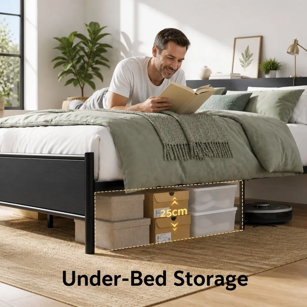 Queen Size Metal Bed Frame with Storage Headboard Charging Station LED Lights Black