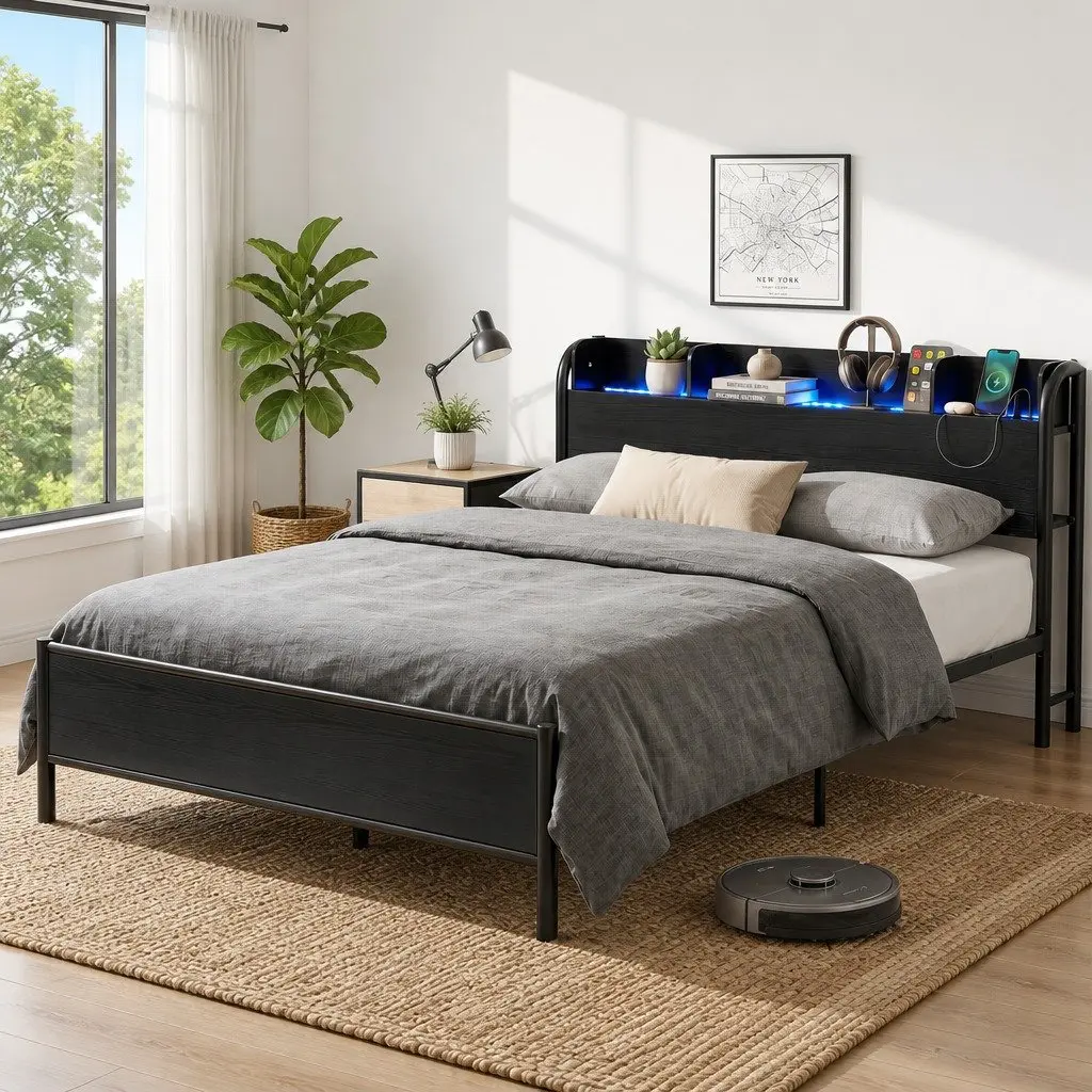 Queen Size Metal Bed Frame with Storage Headboard Charging Station LED Lights Black