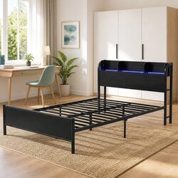 Single Bed Frame with Storage Headboard Charging Station LED Lights Metal