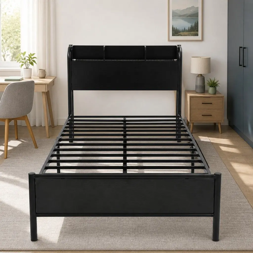 Single Bed Frame with Storage Headboard Charging Station LED Lights Metal