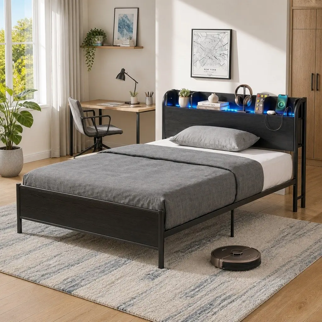 Single Bed Frame with Storage Headboard Charging Station LED Lights Metal