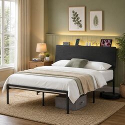 Queen Size Metal Bed Frame with LED Lighting Charging Station Storage Headboard