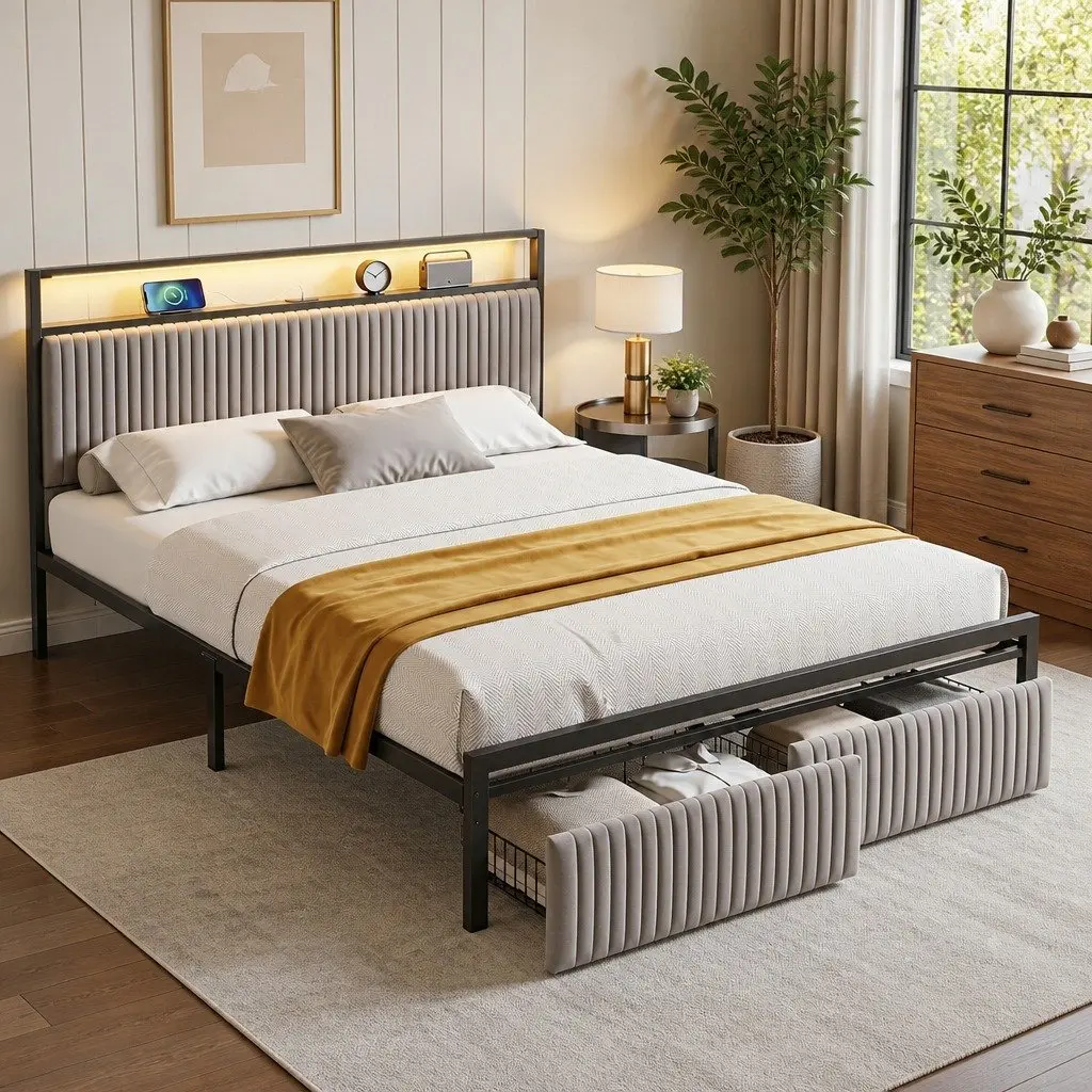 Queen Size Metal Bed Frame with Velvet Headboard LED Charging Station and Under Bed Drawers Black