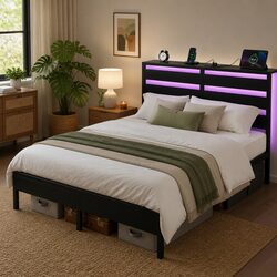Queen Size Metal Bed Frame with LED Lighting Charging Station Headboard Storage
