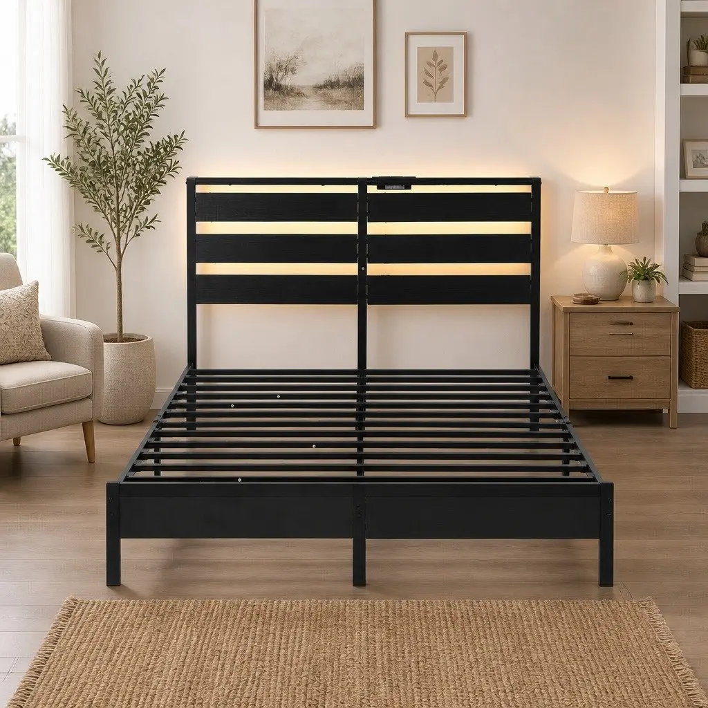 Queen Size Metal Bed Frame with LED Lighting Charging Station Headboard Storage