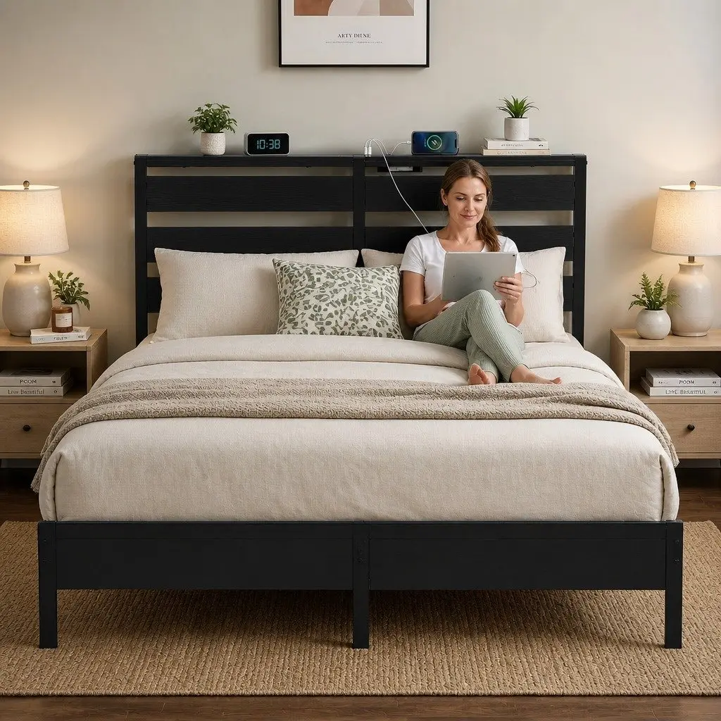 Queen Size Metal Bed Frame with LED Lighting Charging Station Headboard Storage