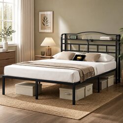 Double Bed Frame with Integrated Charging Station Rounded Corners Storage
