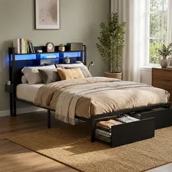 Queen Bed Frame with Storage Drawers LED Charging Station Metal Industrial