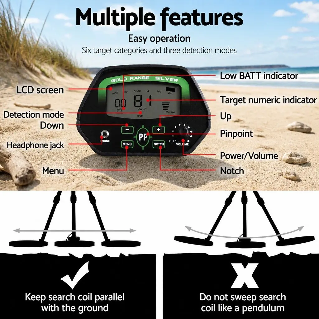 Metal Detector Waterproof LCD Pinpointer 220MM Adjustable Black