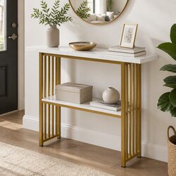 Console Table Marble Effect White Gold 2-Tier Storage Hallway Entryway Living