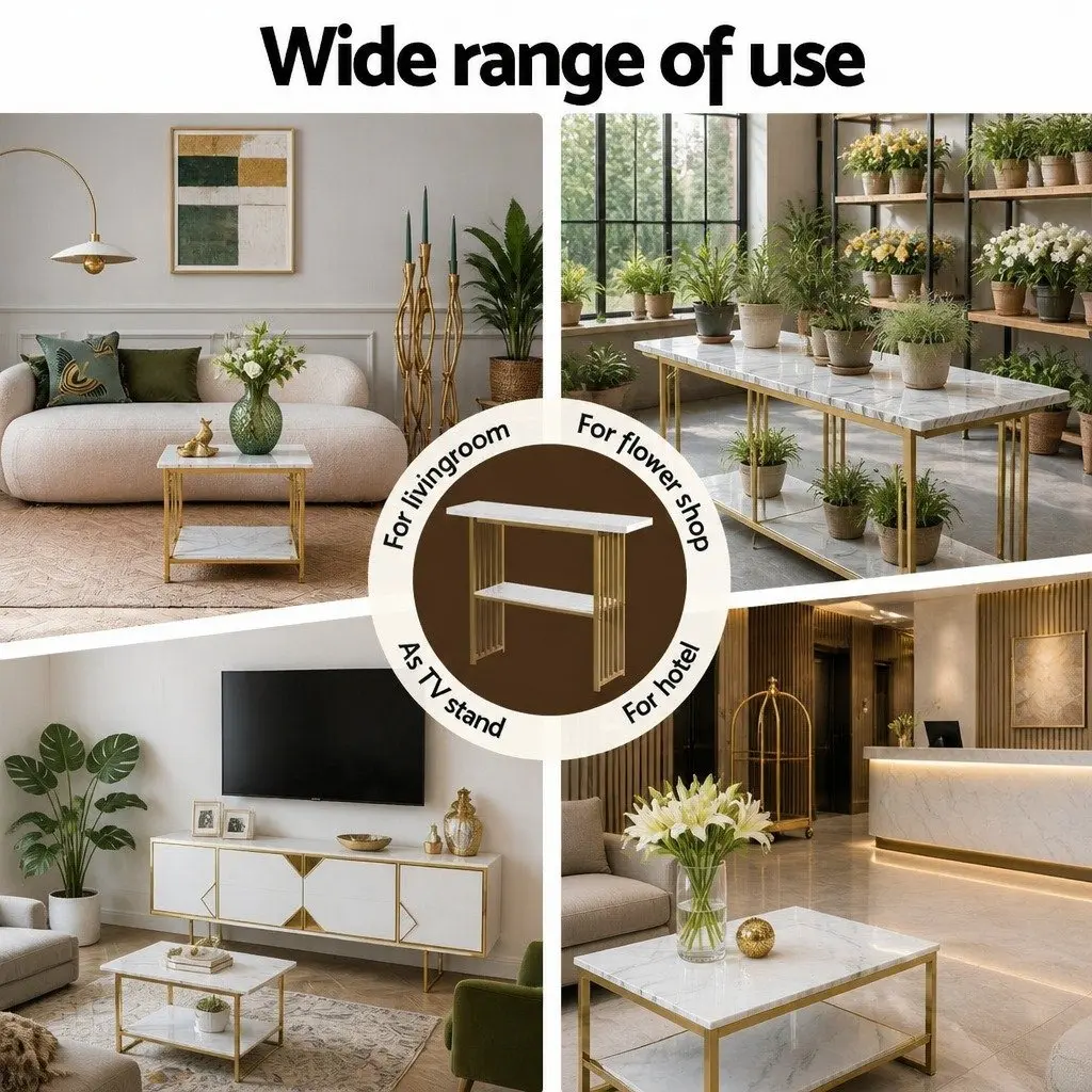 Console Table Marble Effect White Gold 2-Tier Storage Hallway Entryway Living