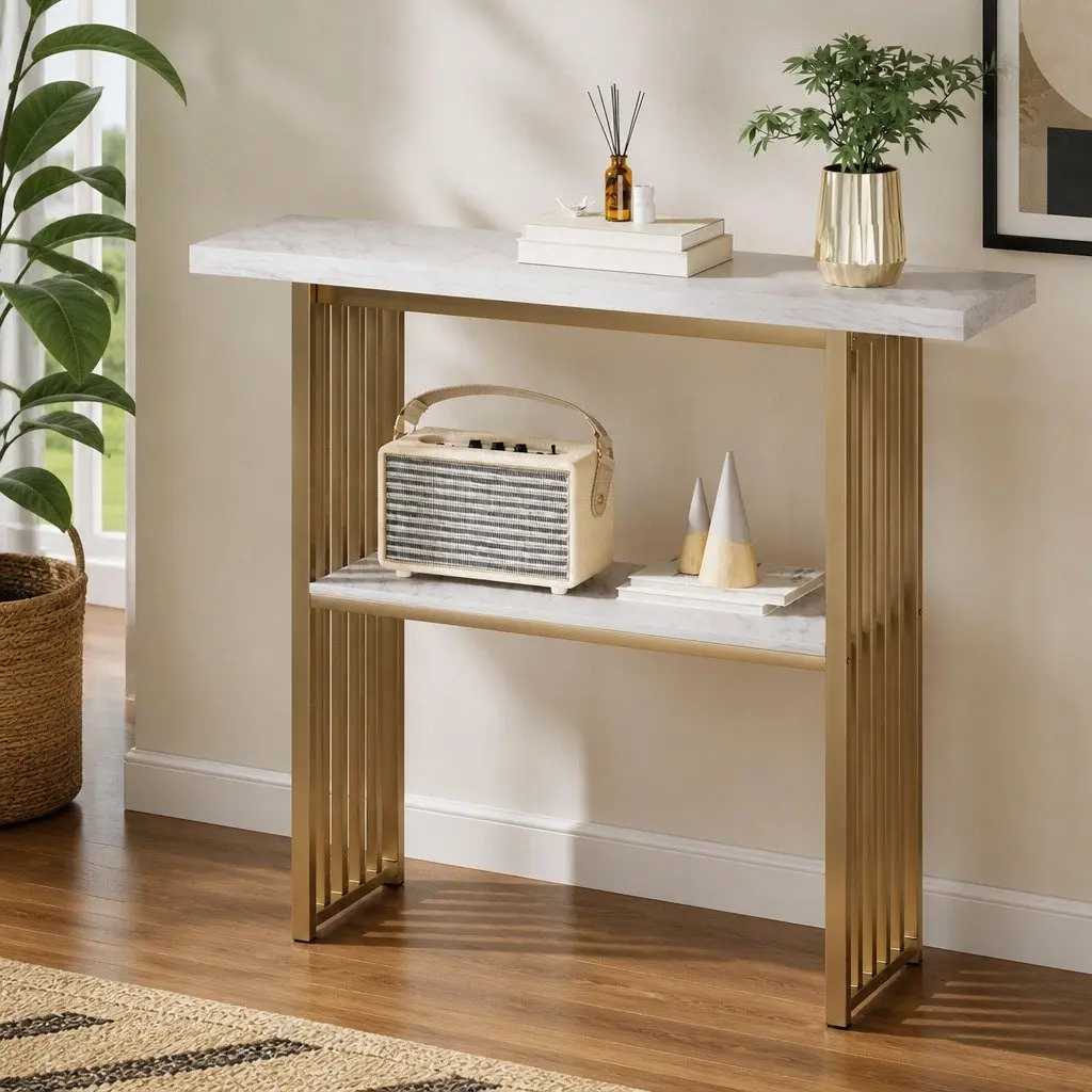 Console Table Marble Effect White Gold 2-Tier Storage Hallway Entryway Living