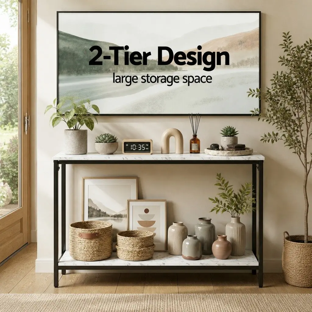 Console Table 2-Tier Entryway Hallway Display Desk Marble Effect Storage Black