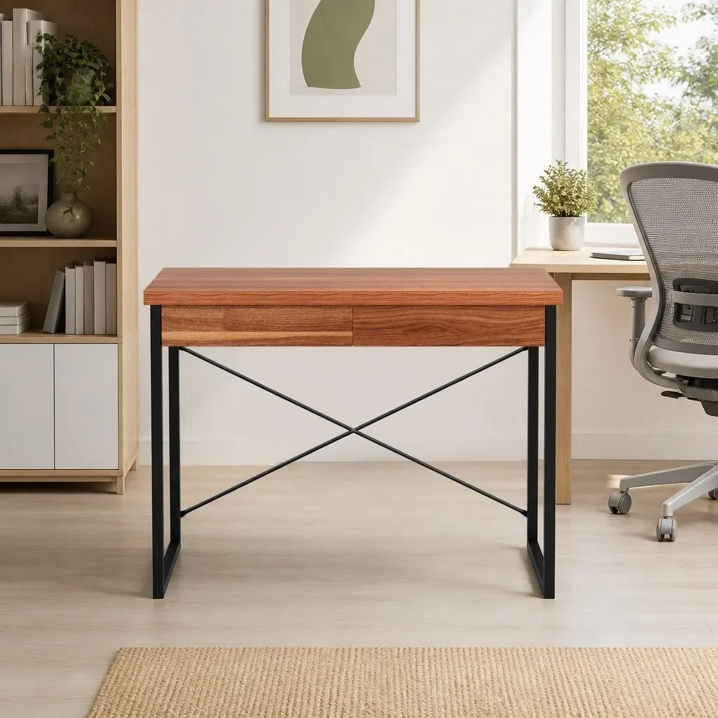 Computer Desk with 2 Drawers Storage 100CM Walnut Black