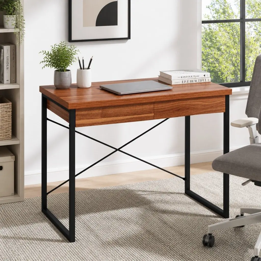 Computer Desk with 2 Drawers Storage 100CM Walnut Black