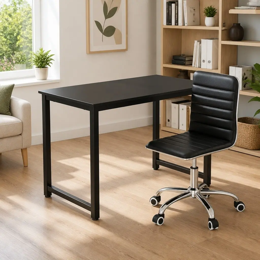Computer Desk and Office Chair Set Wide Desktop Low Back PU Leather Black 120cm