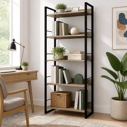 5-Tier Bookshelf Display Shelf Storage Unit Black Wood Grain Living Room
