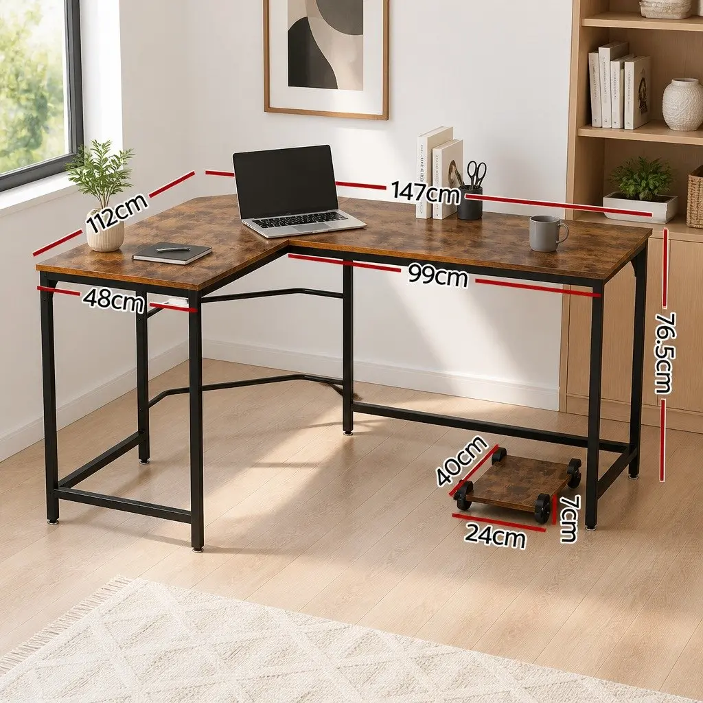 L-Shape Computer Desk Corner Office Workstation Study Table Brown 147cm